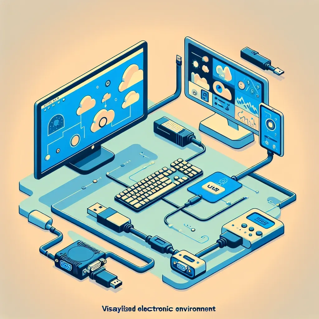"USB to VGA adapter connected to a touchscreen monitor displaying vibrant graphics, illustrating compatibility and functionality in multi-display setups."
