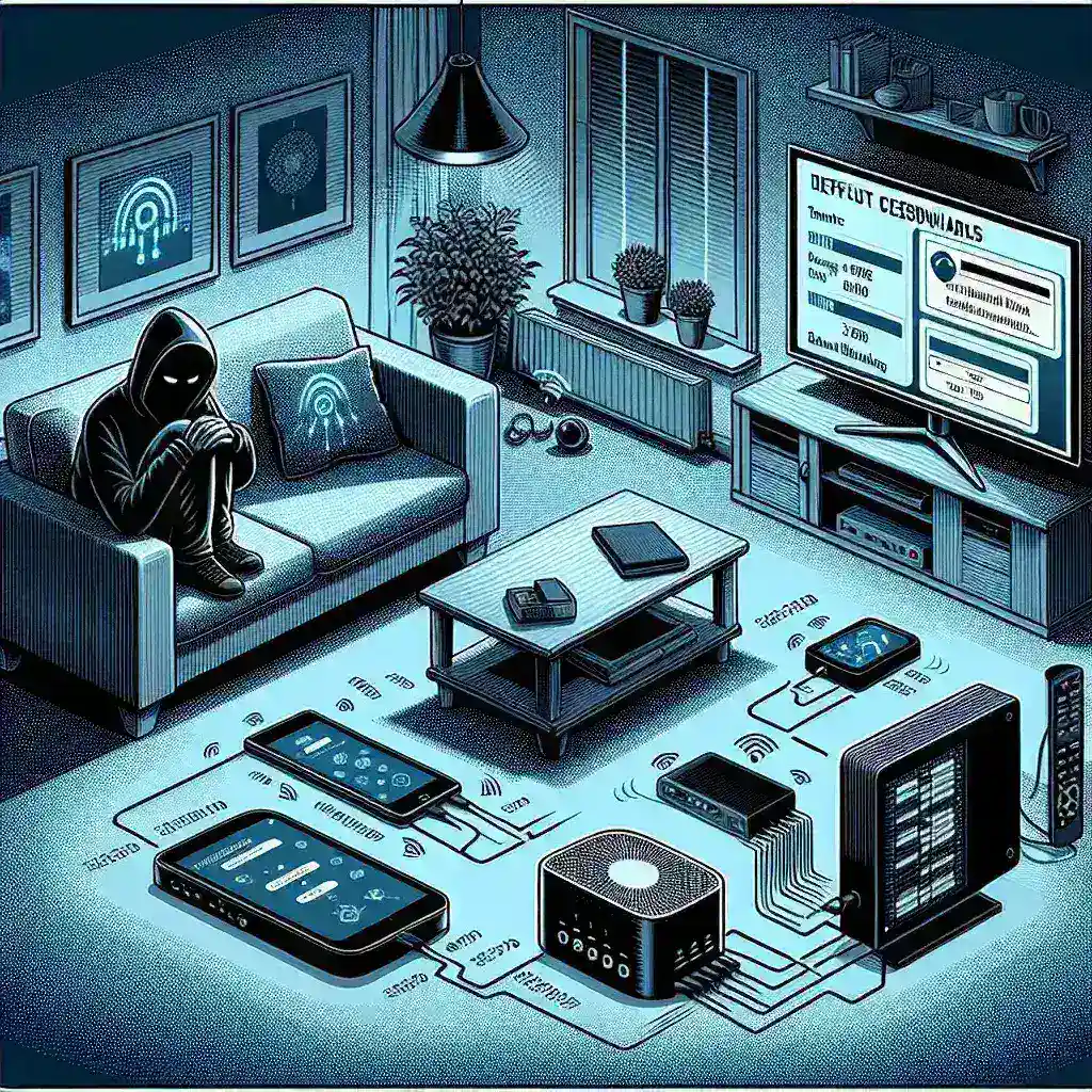 "Image illustrating various devices with default login screens, highlighting the security vulnerability of using unchanged default credentials that hackers exploit."